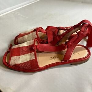 Kate Spade MAGGIE GINGHAM ANKLE WRAP FLAT SANDALS I LAVA FALLS Red  5.5